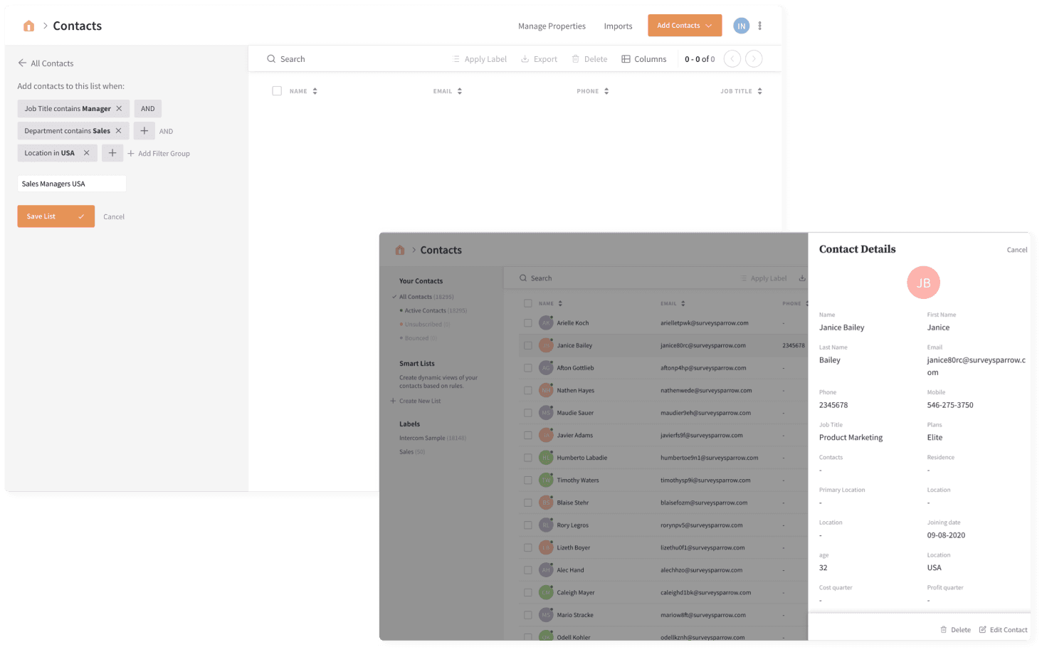 Stay connected with your favorite CRM or HRM tools under one platform with SurveySparrow’s built-in contact management.